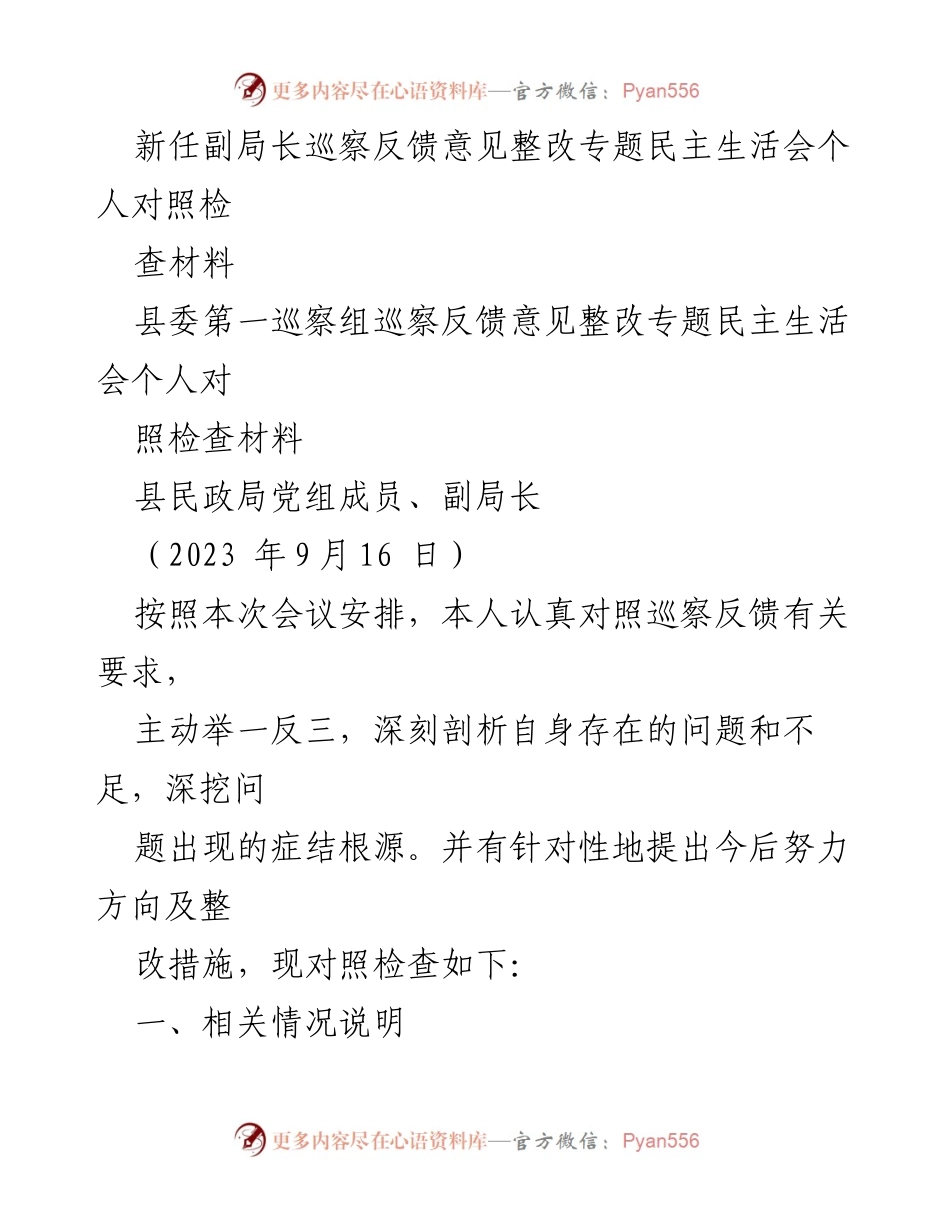 [发言] 民政局整改专题民主生活会 - 新任副局长巡察反馈整改自查与反思.docx_第1页