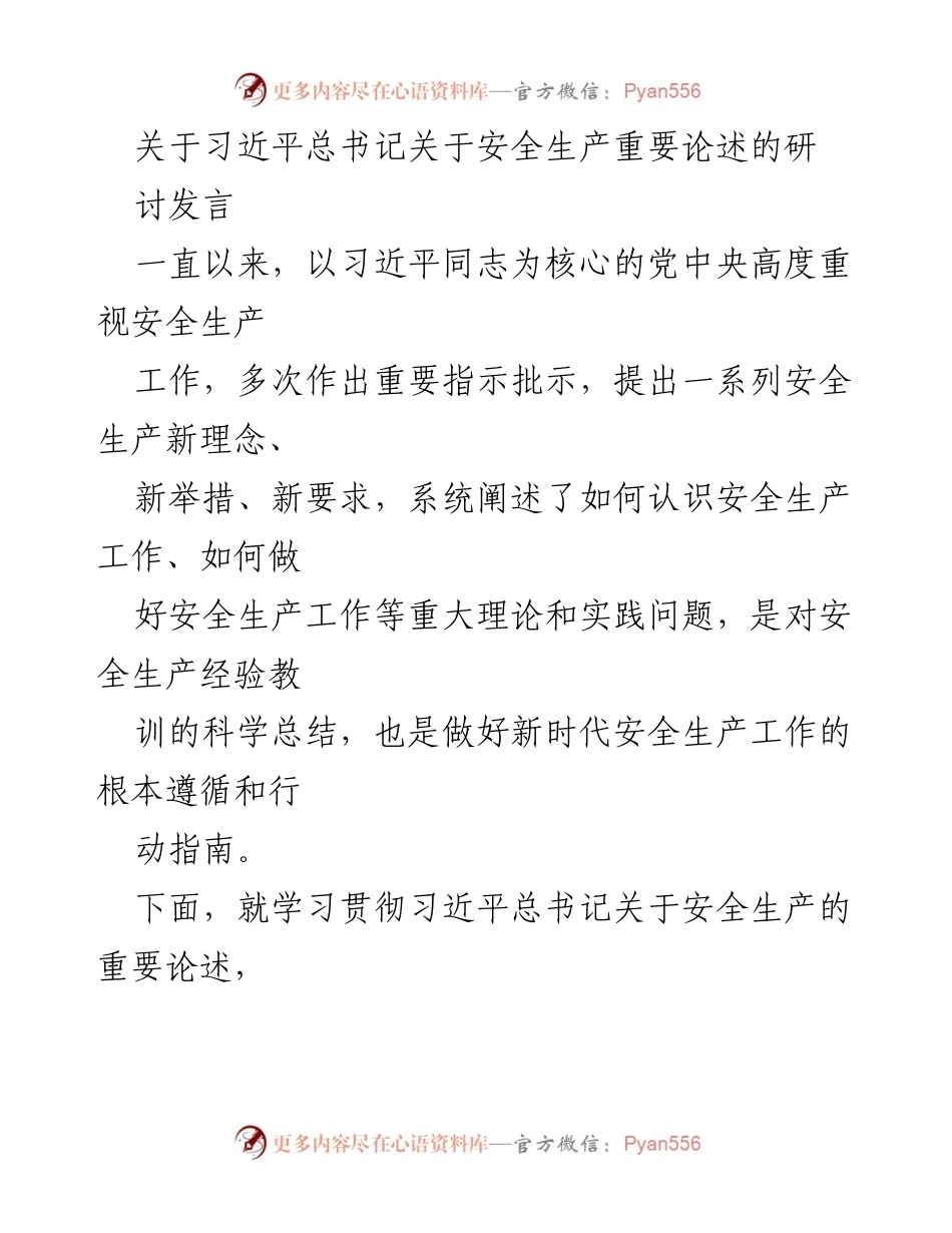 [发言] 研讨会 - 深入学习习近平总书记关于安全生产的重要论述.docx_第1页