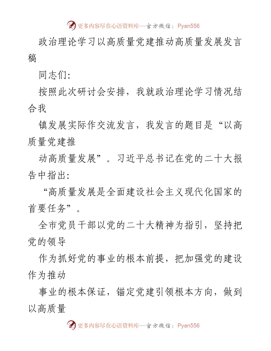 [发言] 研讨会 - 以高质量党建推动高质量发展.docx_第1页