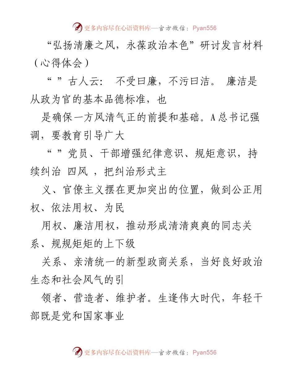 [发言] 研讨会 - 弘扬清廉之风，年轻干部的责任与担当.docx_第1页