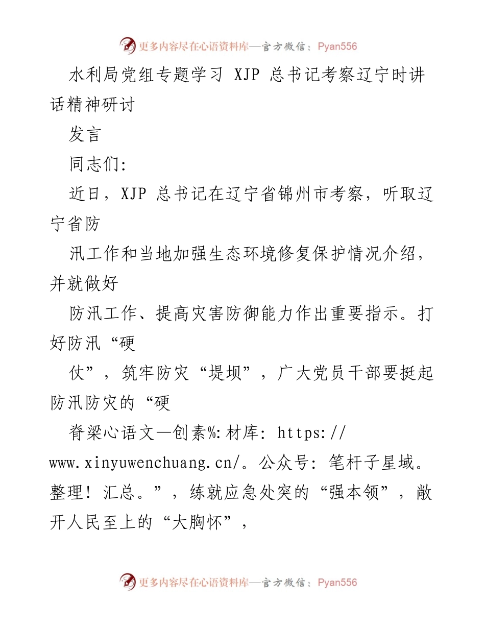 [发言] 水利局党组学习 - 深入学习XJP总书记考察讲话精神，筑牢防汛防灾的“硬脊梁”.docx_第1页
