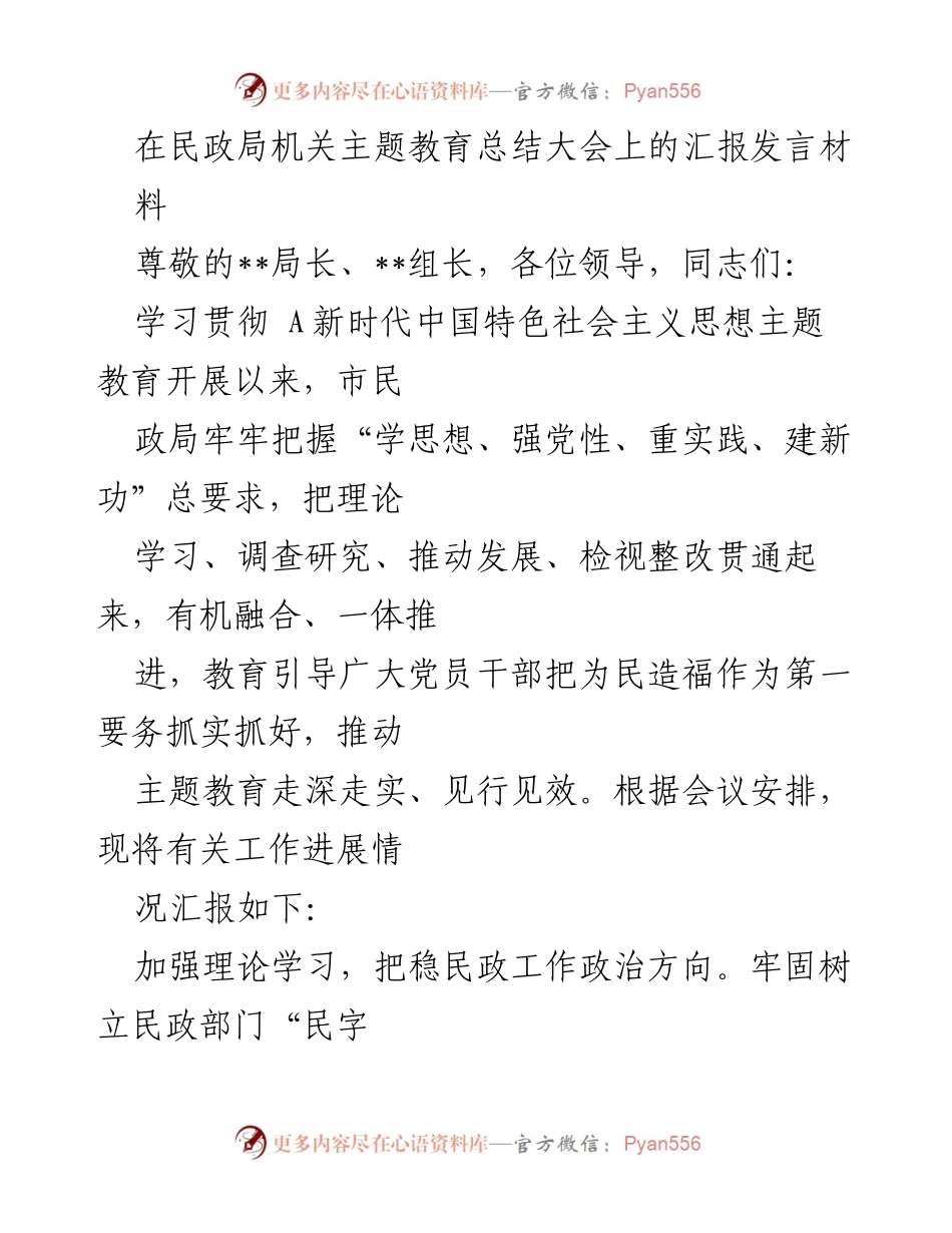 [发言] 民政局机关主题教育总结大会 - 深入学习贯彻新时代中国特色社会主义思想推动民政事业发展.docx_第1页