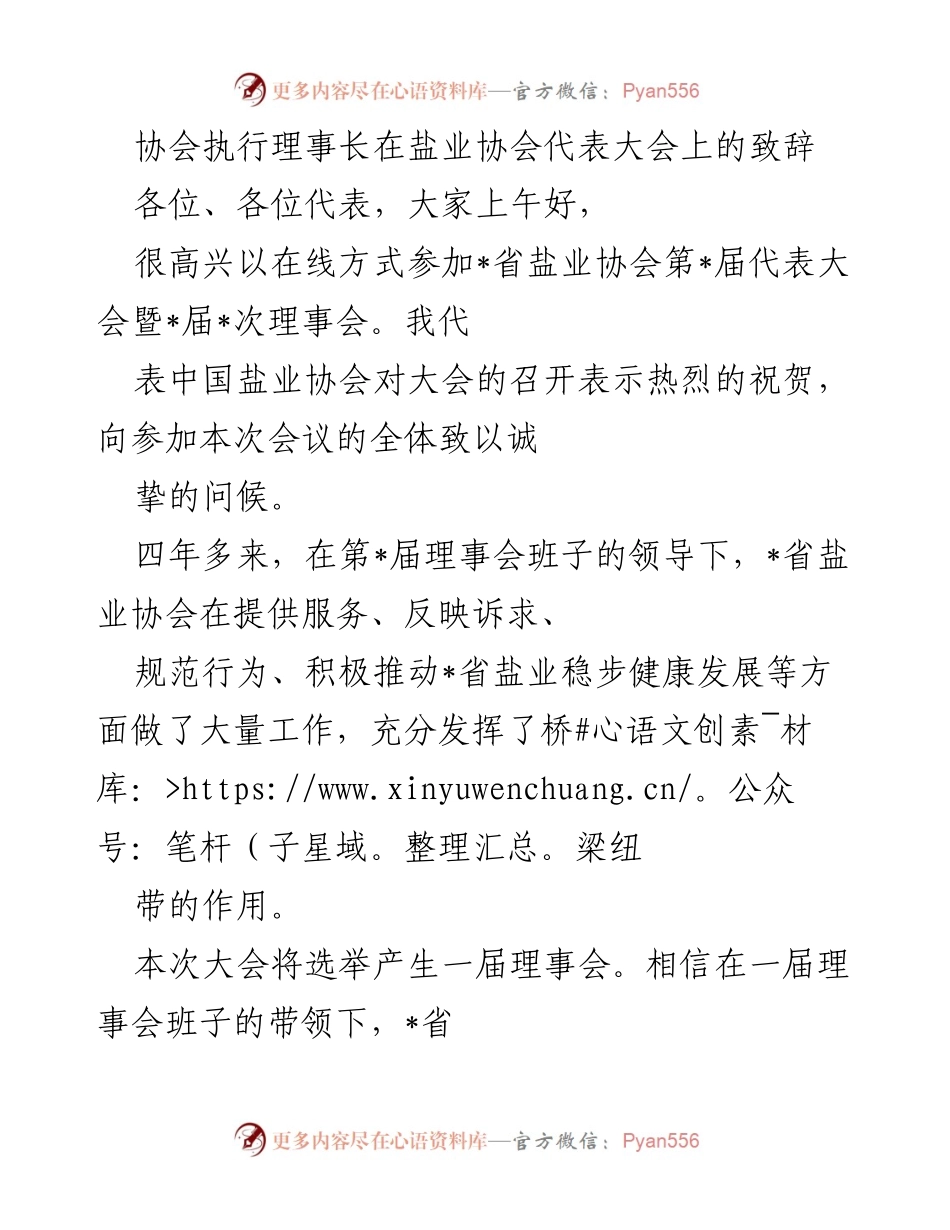 [发言] 盐业协会代表大会 - 协会理事长致辞：推动盐业高质量发展的希望与责任.docx_第1页