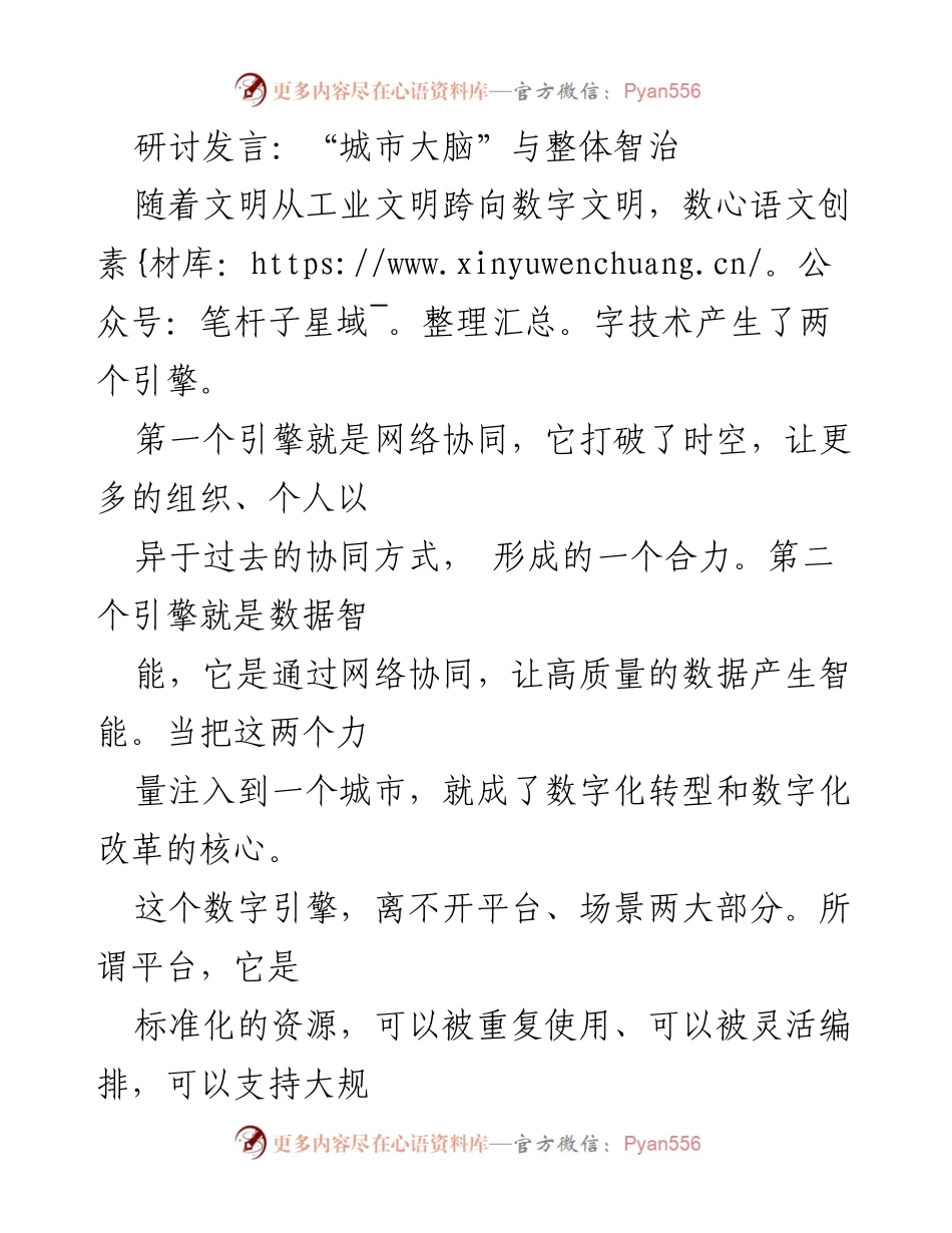 [发言] 研讨会 - “城市大脑”：数字化转型与整体智治的引擎.docx_第1页