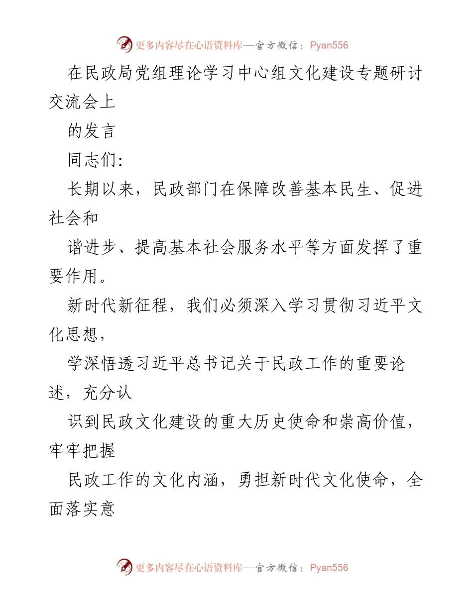 [发言] 民政局党组理论学习中心组文化建设专题研讨交流会 - 深化民政文化建设，服务人民群众的新时代使命.docx_第1页