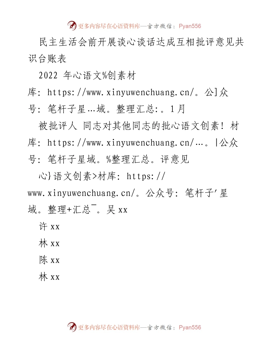 [发言] 民主生活会 - 谈心谈话与互相批评意见汇总.docx_第1页