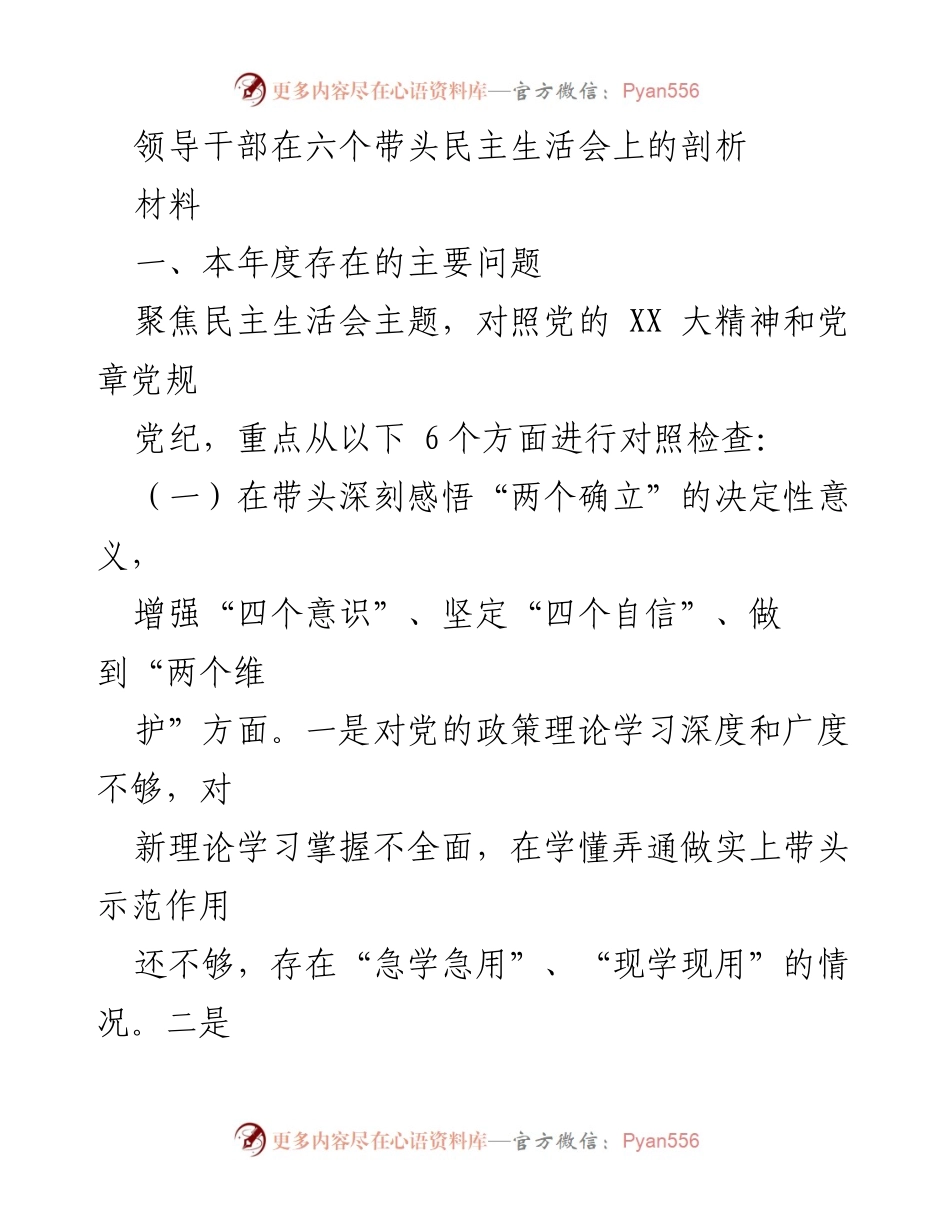 [发言] 民主生活会 - 领导干部在六个带头方面的自我剖析与反思.docx_第1页