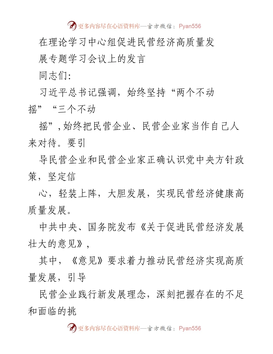 [发言] 理论学习中心组专题学习会议 - 加快民营经济高质量发展的重要性与措施.docx_第1页