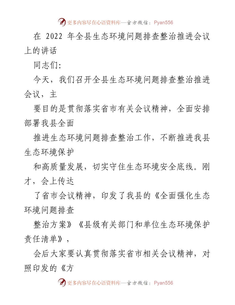 [发言] 生态环境问题排查整治推进会议 - 加强生态环境治理，守住安全底线.docx_第1页