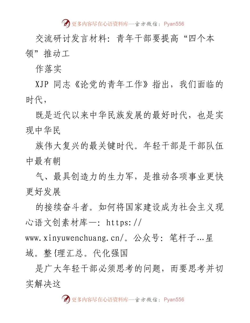 [发言] 研讨会 - 青年干部提升“四个本领”以推动工作落实.docx_第1页