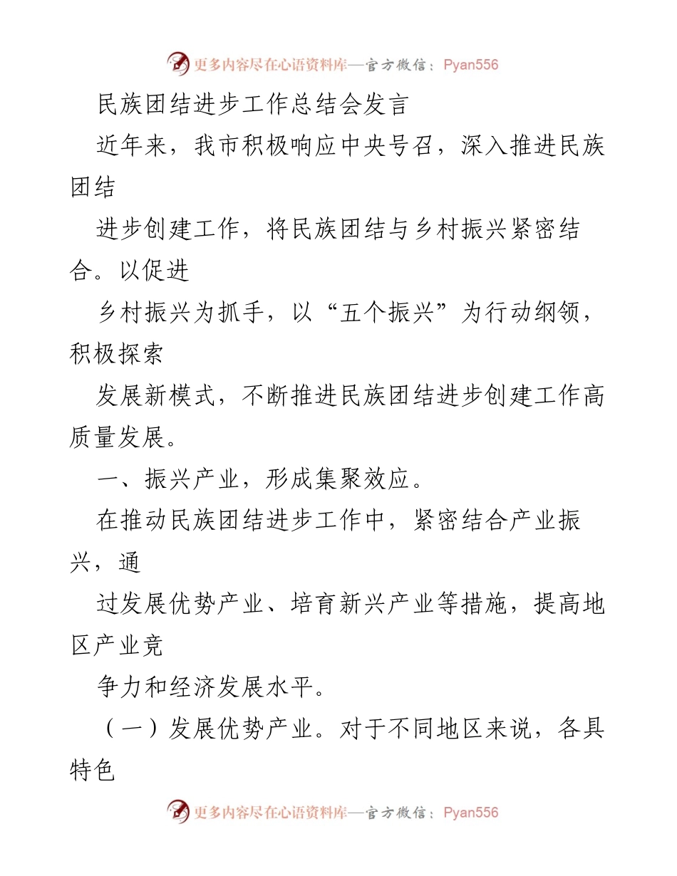 [发言] 民族团结进步工作总结会 - 推动民族团结与乡村振兴的高质量发展总结.docx_第1页
