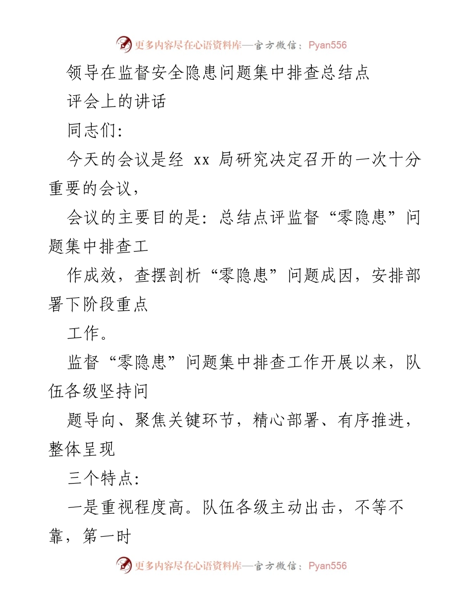 [发言] 监督安全隐患问题集中排查总结点评会 - 领导讲话：总结“零隐患”排查成效与问题剖析.docx_第1页