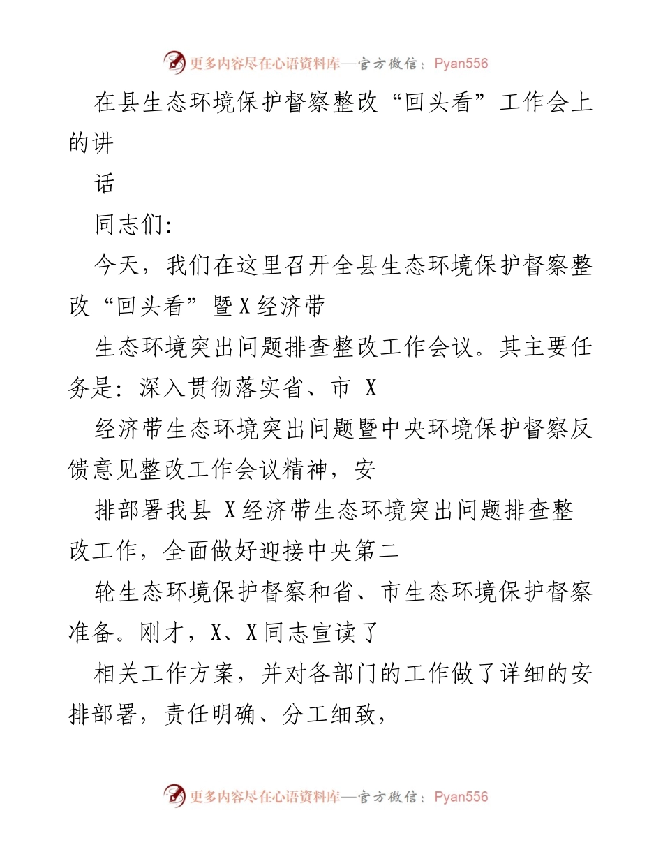 [发言] 生态环境保护督察整改工作会议 - 强化责任意识，确保生态环境整改实效.docx_第1页