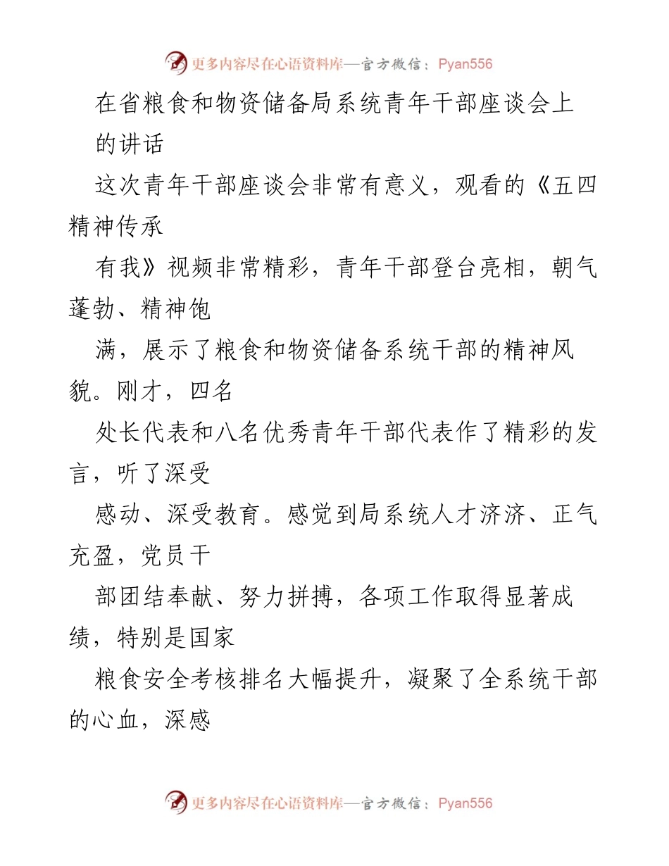 [发言] 省粮食和物资储备局青年干部座谈会 - 《仰望星空脚踏实地：青年干部的理想与信念》.docx_第1页