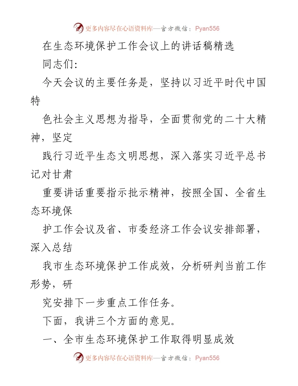 [发言] 生态环境保护工作会议 - 坚持生态文明建设，推动绿色低碳发展.docx_第1页