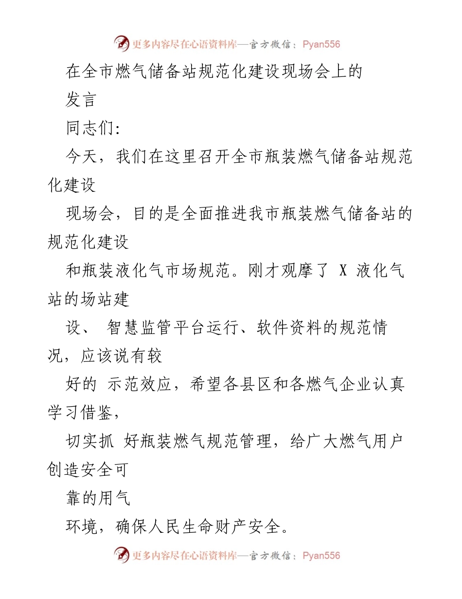 [发言] 燃气储备站规范化建设现场会 - 推进瓶装燃气安全管理与规范化建设的重要性.docx_第1页