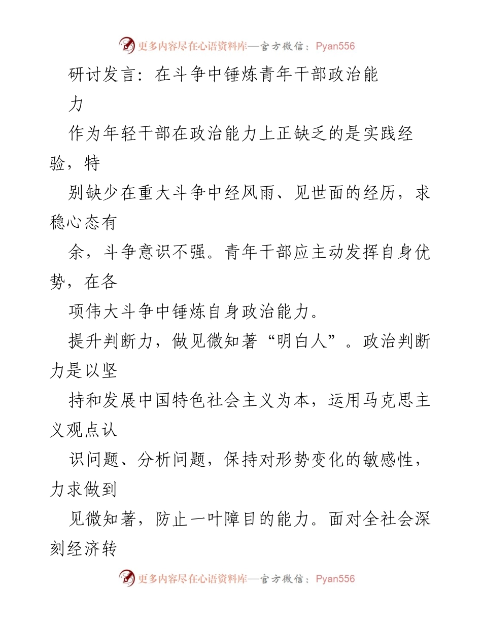 [发言] 研讨会 - 在斗争中锤炼青年干部的政治能力.docx_第1页