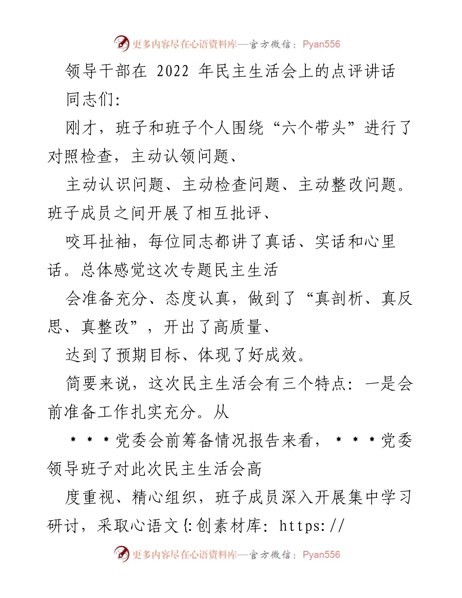[发言] 民主生活会 - 领导干部在民主生活会上的点评与反思.docx_第1页