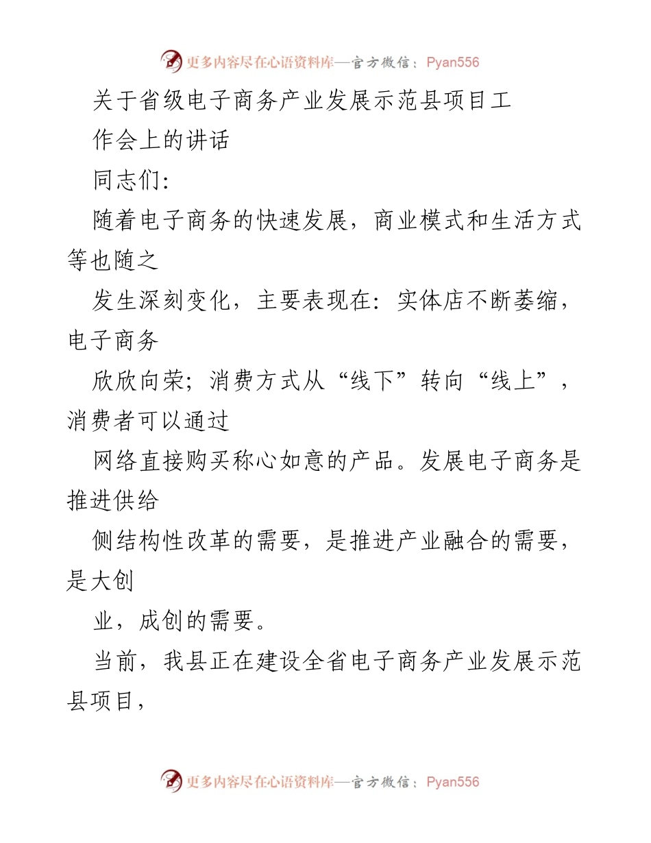 [发言] 电子商务产业发展示范县项目工作会 - 推动电子商务发展的信心与决心.docx_第1页