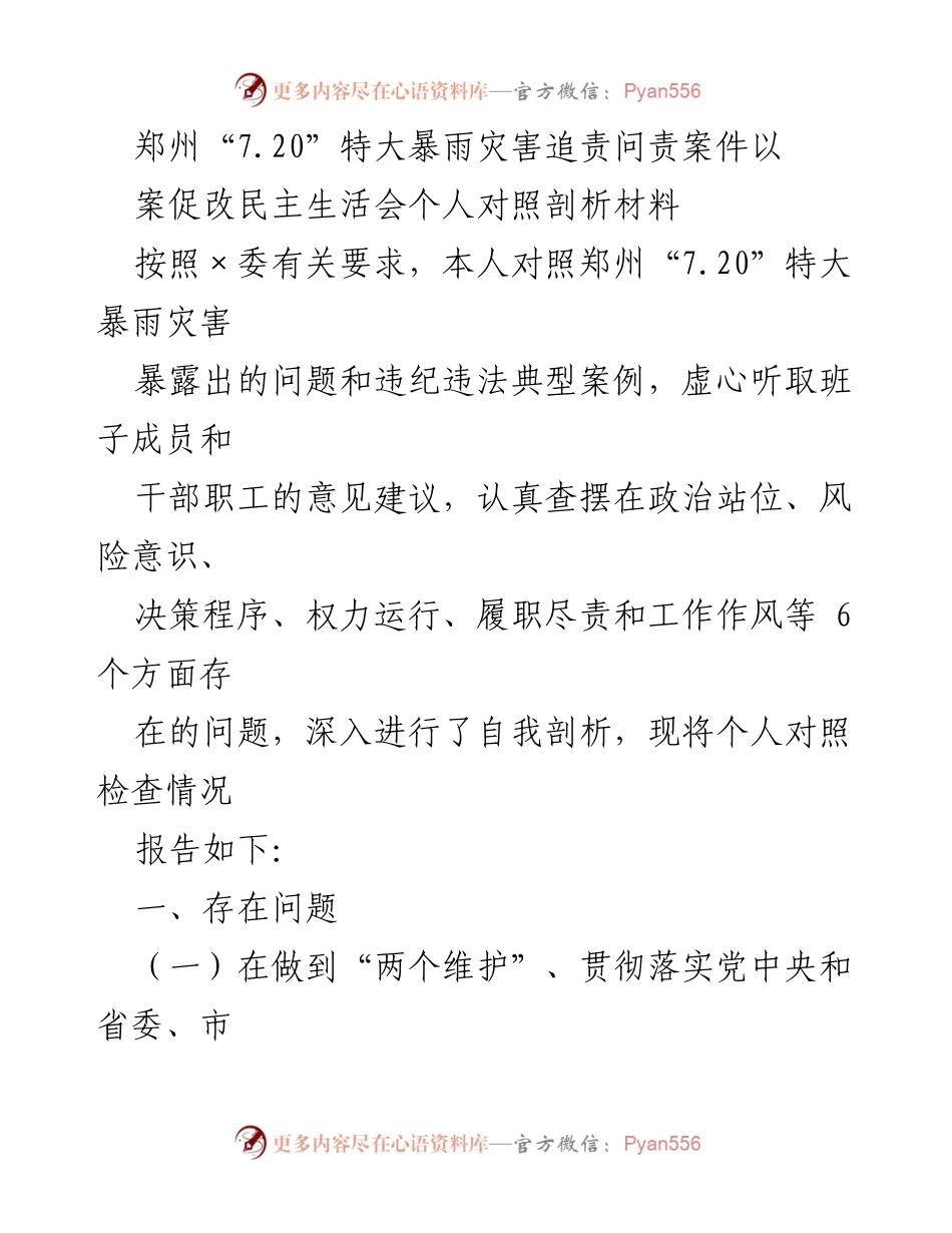 [发言] 民主生活会 - 郑州“7.20”特大暴雨灾害反思与自我剖析.docx_第1页