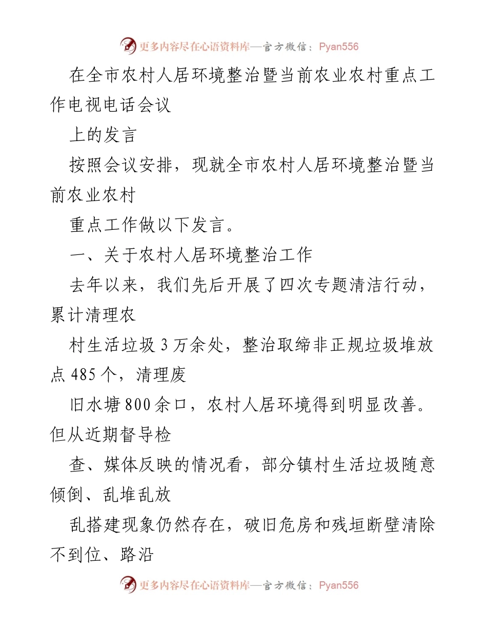 [发言] 电视电话会议 - 全市农村人居环境整治工作发言总结.docx_第1页