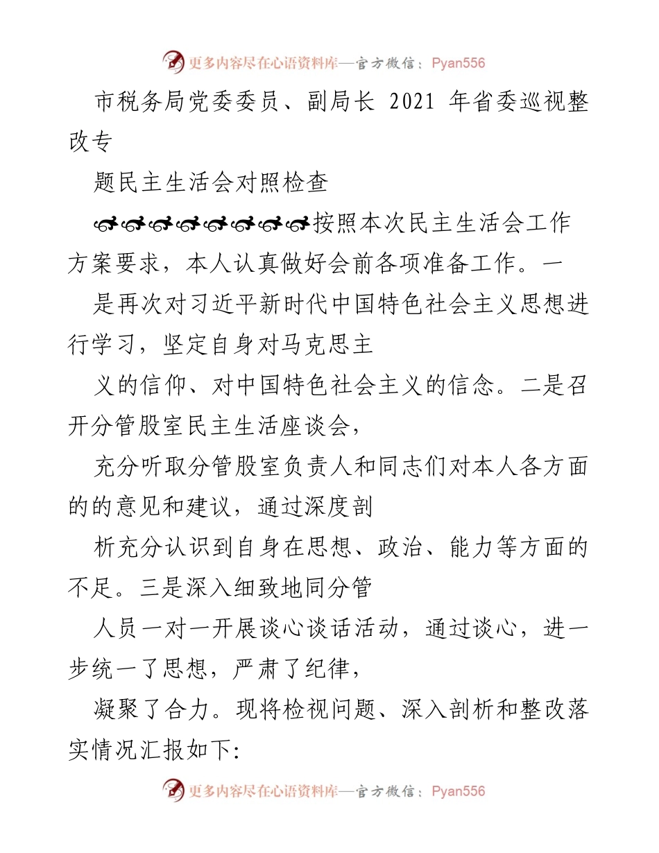 [发言] 省委巡视整改专题民主生活会 - 个人对照检查与整改落实汇报.docx_第1页