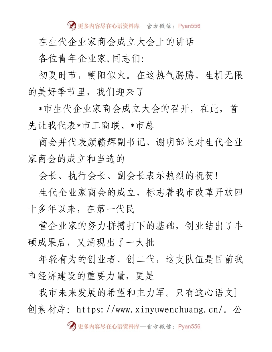 [发言] 生代企业家商会成立大会 - 青年企业家的使命与责任.docx_第1页