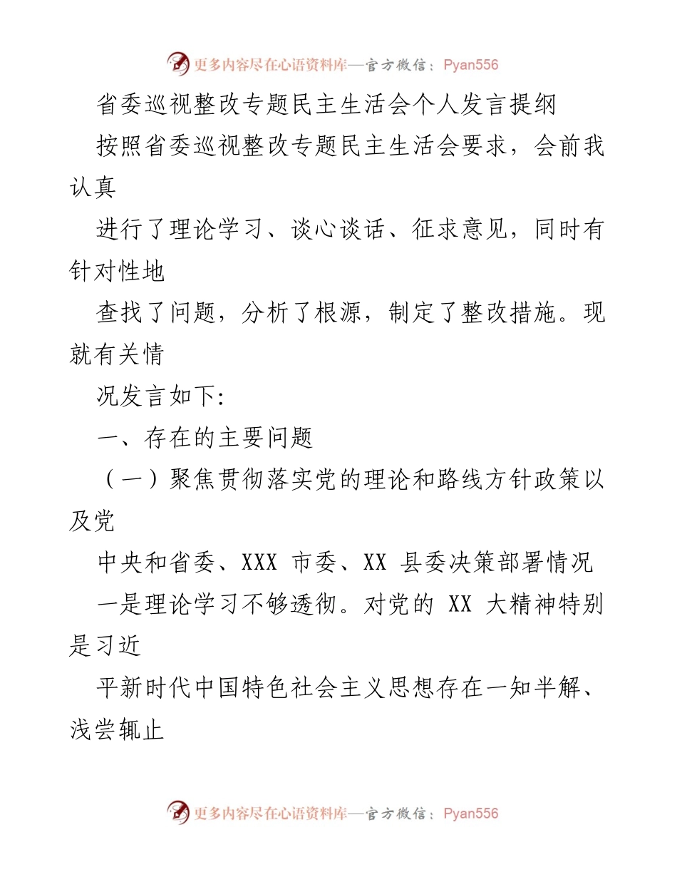 [发言] 省委巡视整改专题民主生活会 - 个人发言提纲分析与整改措施.docx_第1页