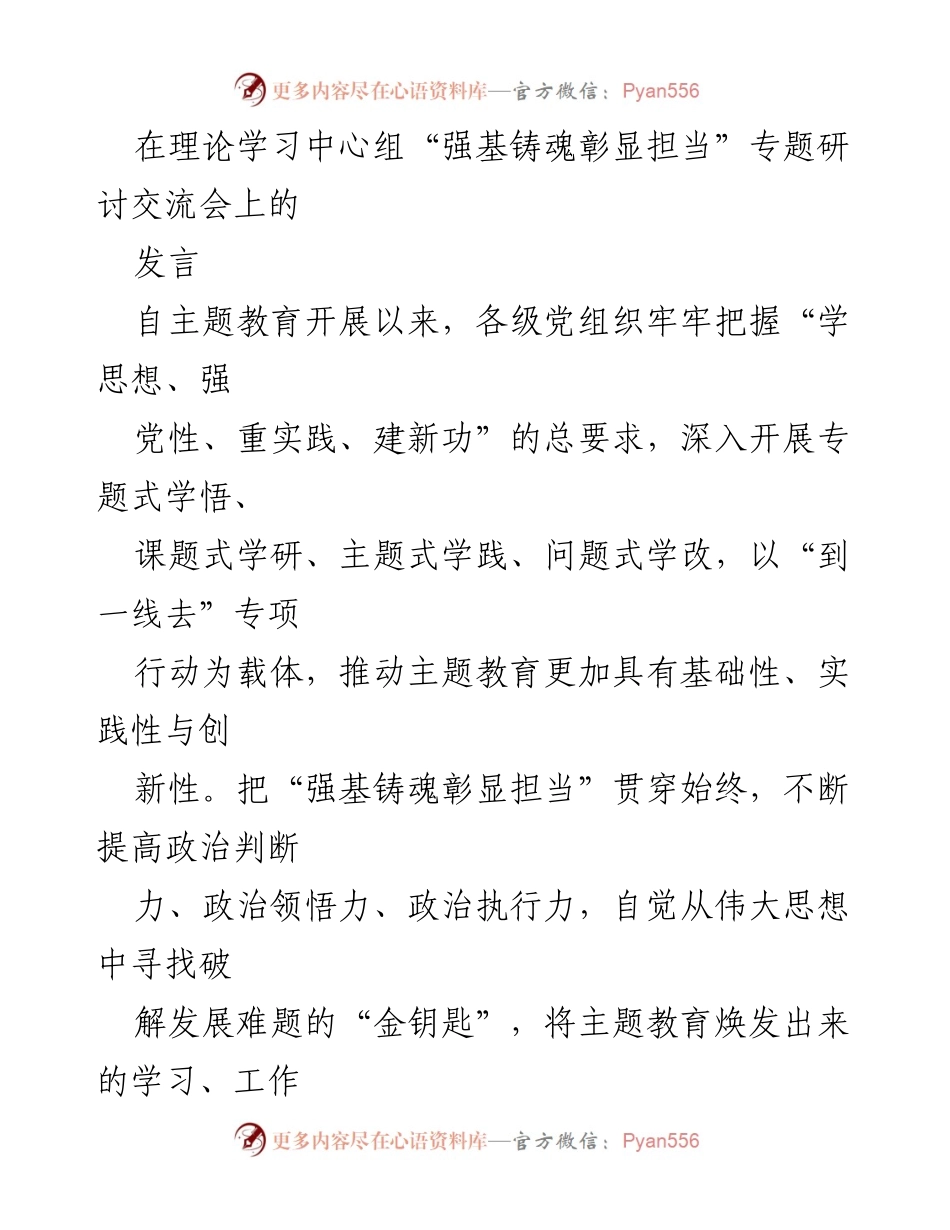 [发言] 理论学习中心组研讨交流会 - 深学细悟、守正创新、团结奋进：推动主题教育落实与发展.docx_第1页