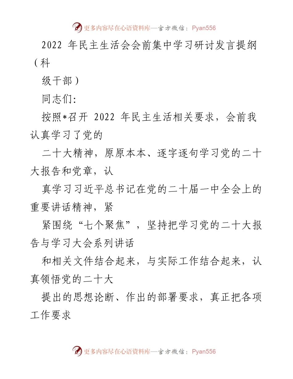 [发言] 民主生活会 - 深入学习党的二十大精神，推动落实党的领导.docx_第1页