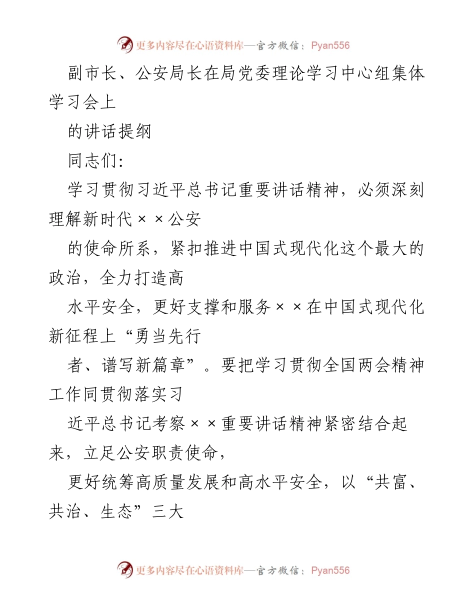 [发言] 理论学习中心组集体学习会 - 深入学习贯彻习近平总书记重要讲话精神，推进新时代公安工作现代化.docx_第1页