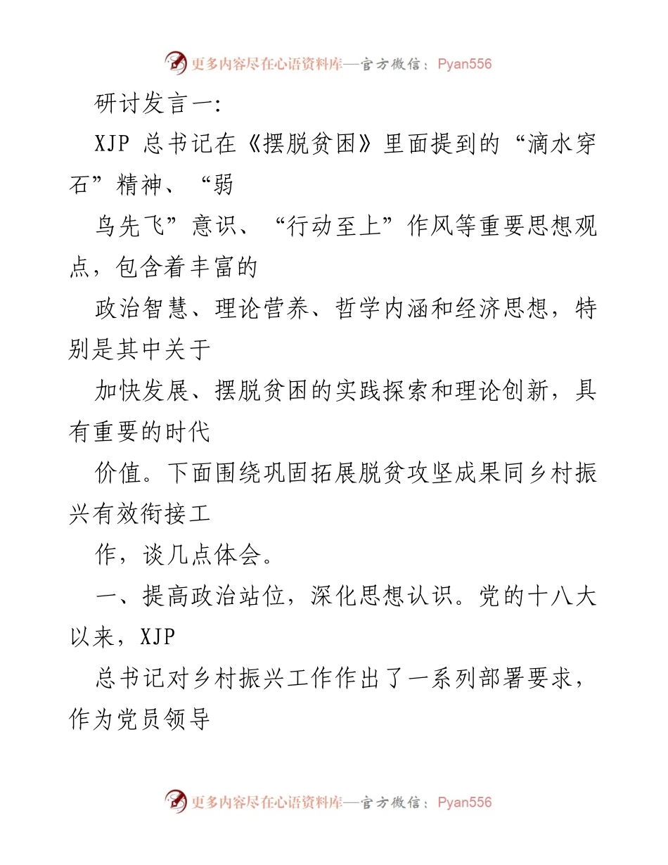 [发言] 研讨会 - 深入理解XJP总书记关于乡村振兴的思想与实践.docx_第1页