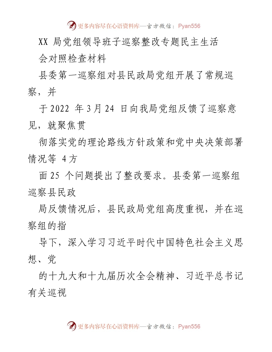 [发言] 民政局党组巡察整改专题民主生活会 - 巡察整改情况及落实措施汇报.docx_第1页