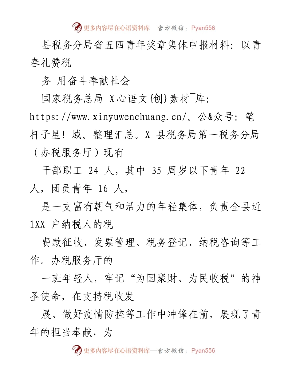 [发言] 申报材料 - 青春奉献：县税务分局青年集体的奋斗与担当.docx_第1页