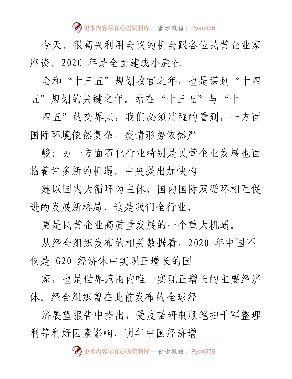 [发言] 民营企业家座谈会 - 抓住“十四五”机遇，推动民营企业高质量发展.docx_第1页