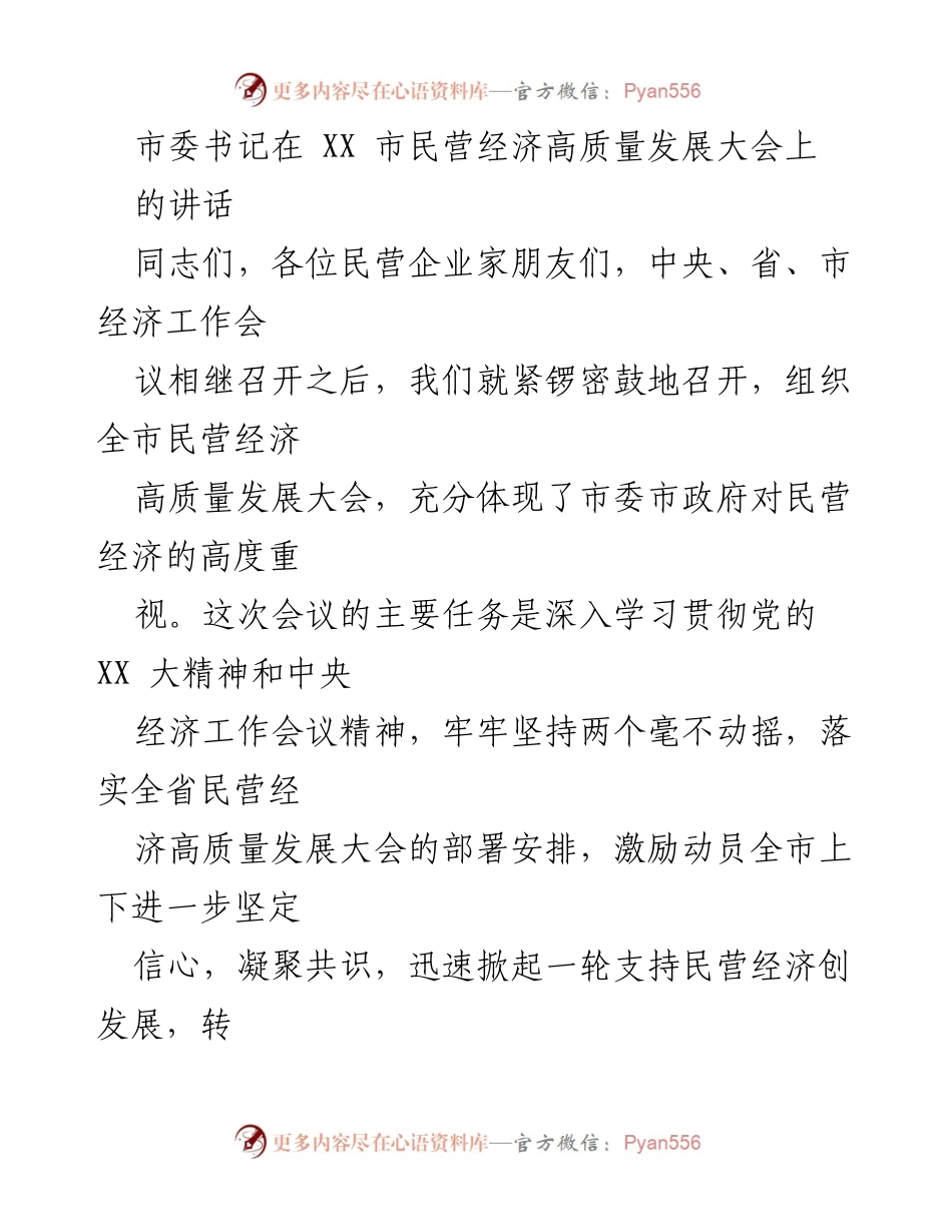[发言] 民营经济高质量发展大会 - 加快推动民营经济高质量发展的重要讲话.docx_第1页