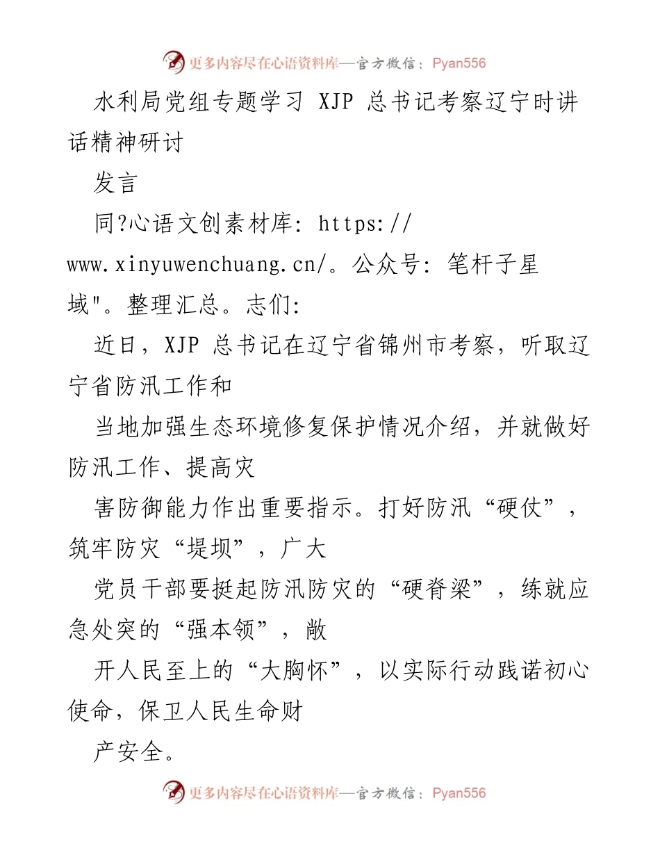 [发言] 水利局党组专题学习 - 坚守初心使命，筑牢防汛“堤坝”.docx_第1页