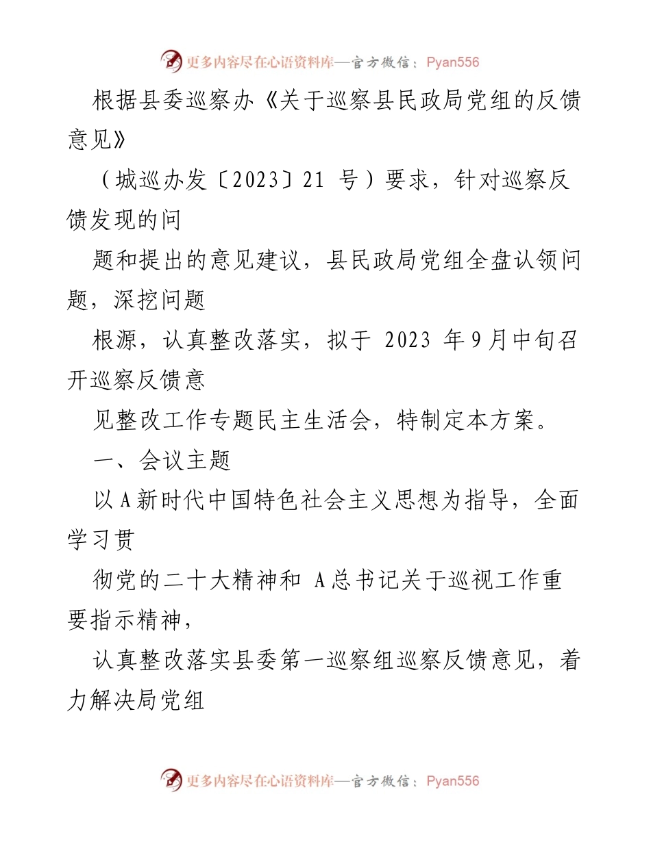[发言] 民政局党组专题民主生活会 - 深入整改巡察反馈意见，推动民政事业健康发展.docx_第1页