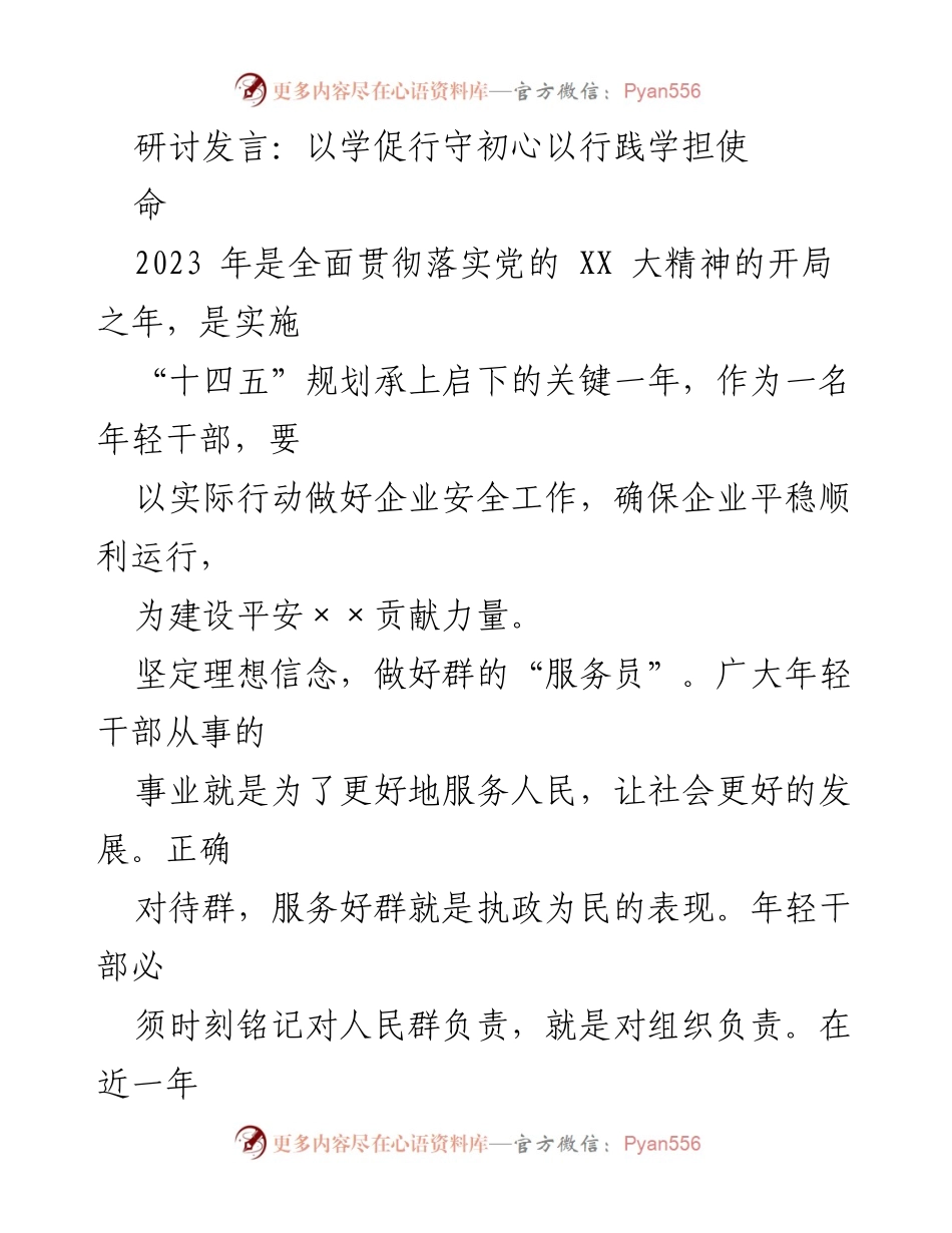 [发言] 研讨会 - 年轻干部的使命与实践：为人民服务的初心与行动.docx_第1页