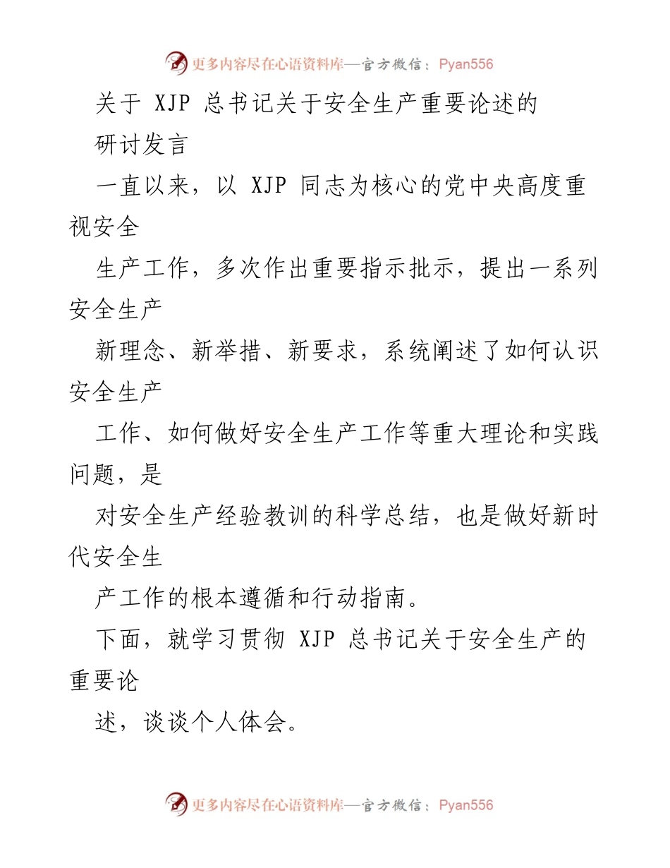[发言] 研讨会 - 深入学习贯彻XJP总书记关于安全生产的重要论述_1.docx_第1页