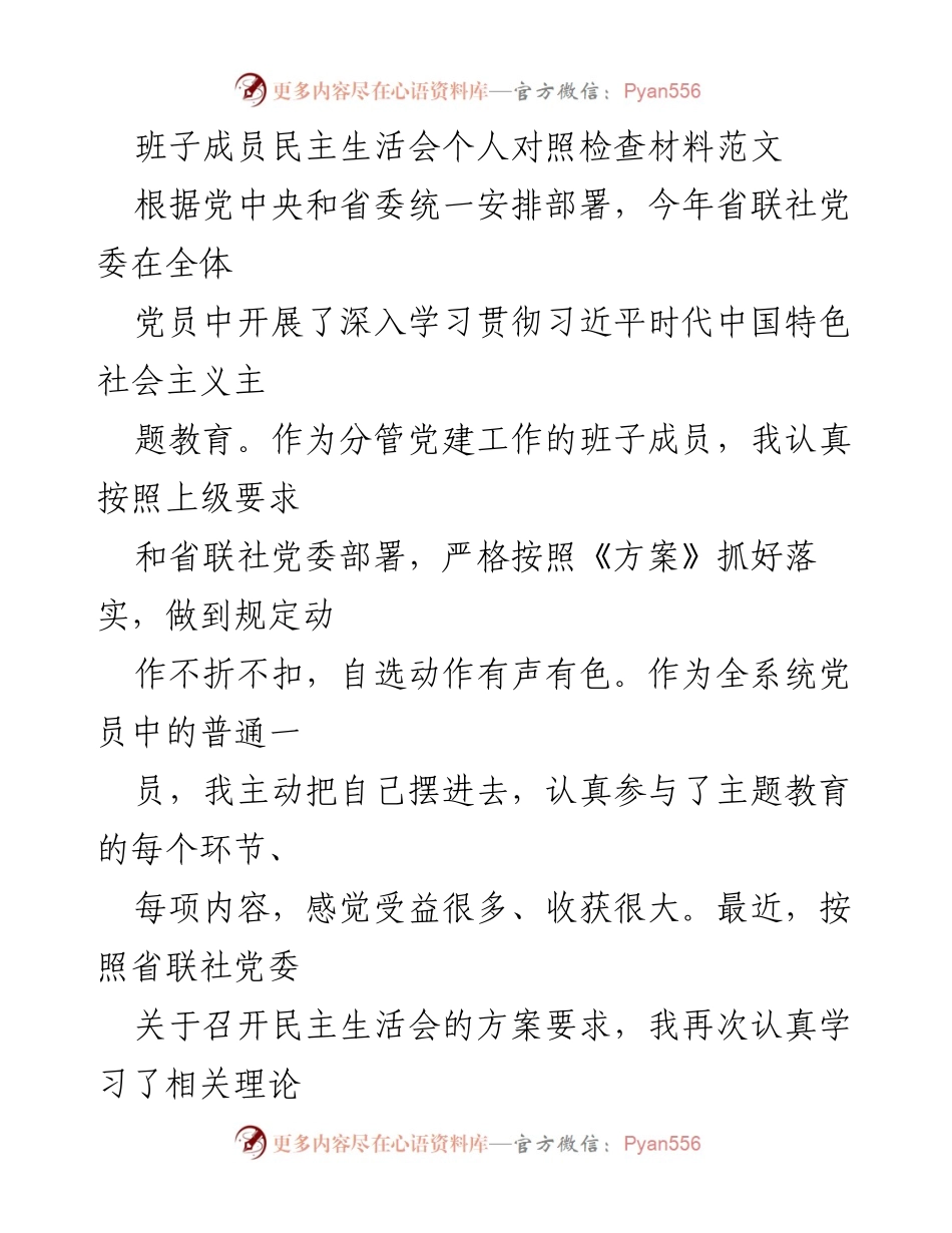 [发言] 民主生活会 - 班子成员个人对照检查材料总结.docx_第1页