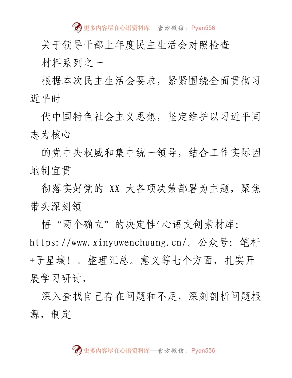 [发言] 民主生活会 - 领导干部年度对照检查与自我剖析报告.docx_第1页