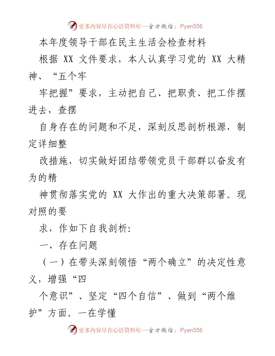 [发言] 民主生活会 - 领导干部年度自我剖析与整改措施.docx_第1页