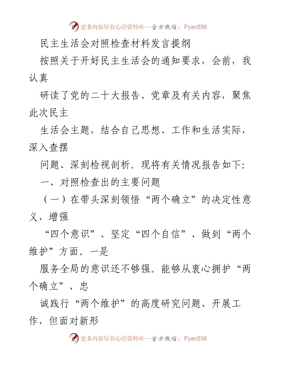 [发言] 民主生活会 - 深入检视问题，提升工作效能的对照检查发言提纲.docx_第1页