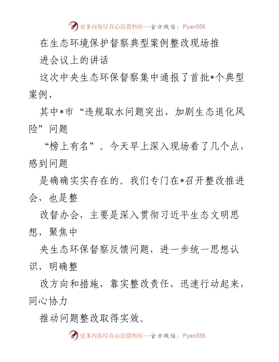 [发言] 生态环境保护督察整改推进会议 - 加强生态环境督察整改，推动可持续发展.docx_第1页