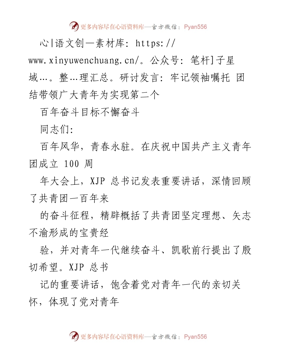 [发言] 研讨会 - 团结青年力量，共筑第二个百年奋斗目标_1.docx_第1页