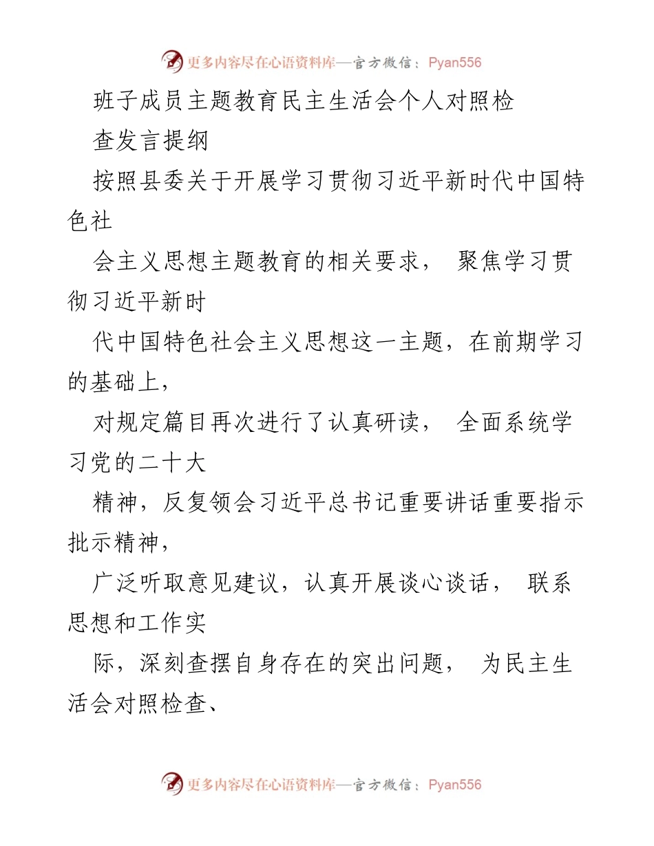 [发言] 民主生活会 - 班子成员对照检查发言提纲.docx_第1页