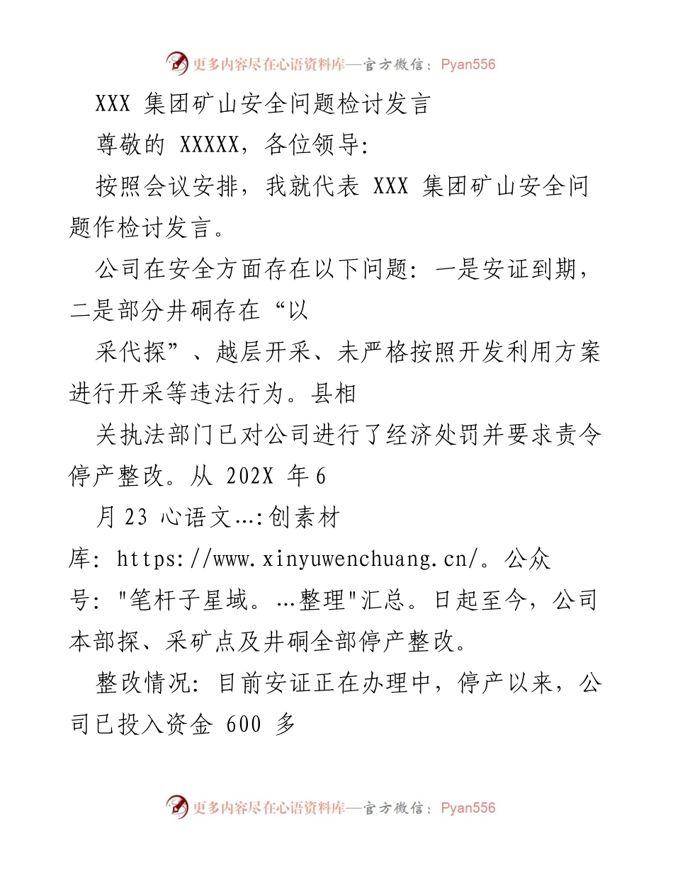 [发言] 矿山安全会议 - XXX 集团矿山安全问题检讨发言.docx_第1页