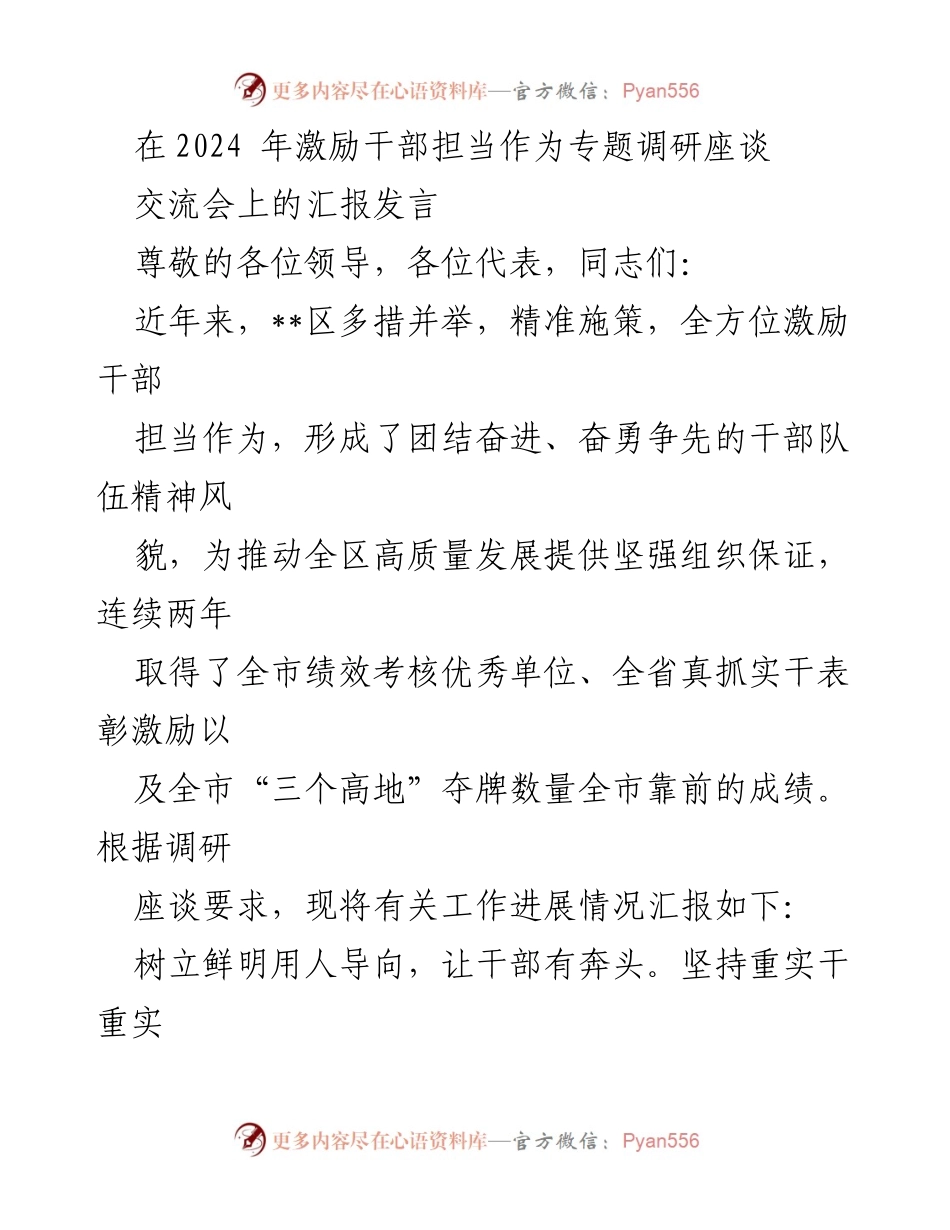 [发言] 激励干部担当作为专题调研座谈交流会 - 激励干部担当作为，推动高质量发展的实践与成效.docx_第1页