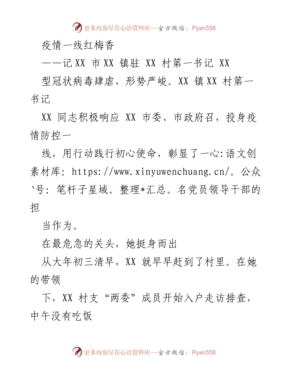 [发言] 疫情防控工作总结 - 疫情一线的坚守与担当：记XX镇第一书记的抗疫事迹.docx_第1页